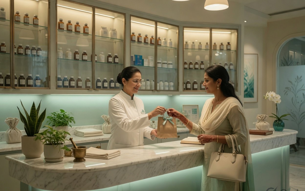 A pharmacist handing medicine across a boutique clinic pharmacy counter