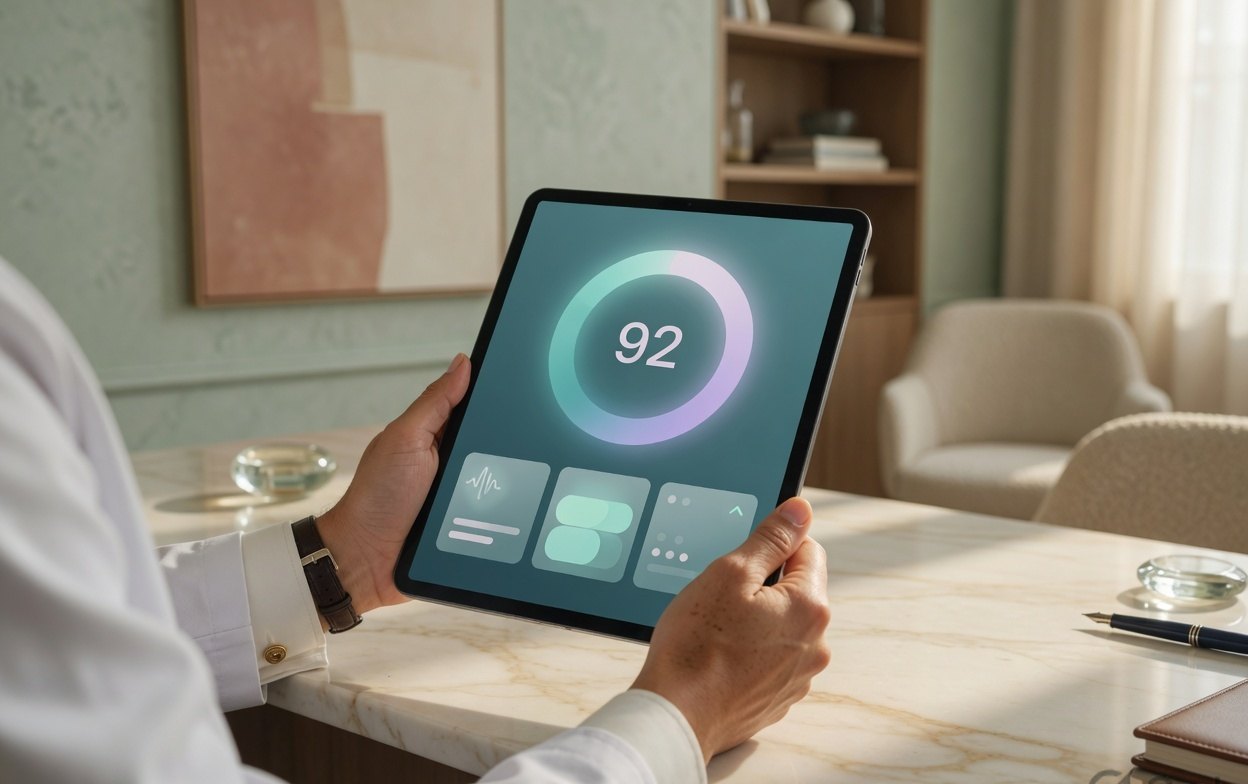 Hands holding a tablet showing a digital health dashboard