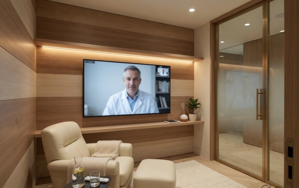 A private telemedicine room with a doctor on a large screen