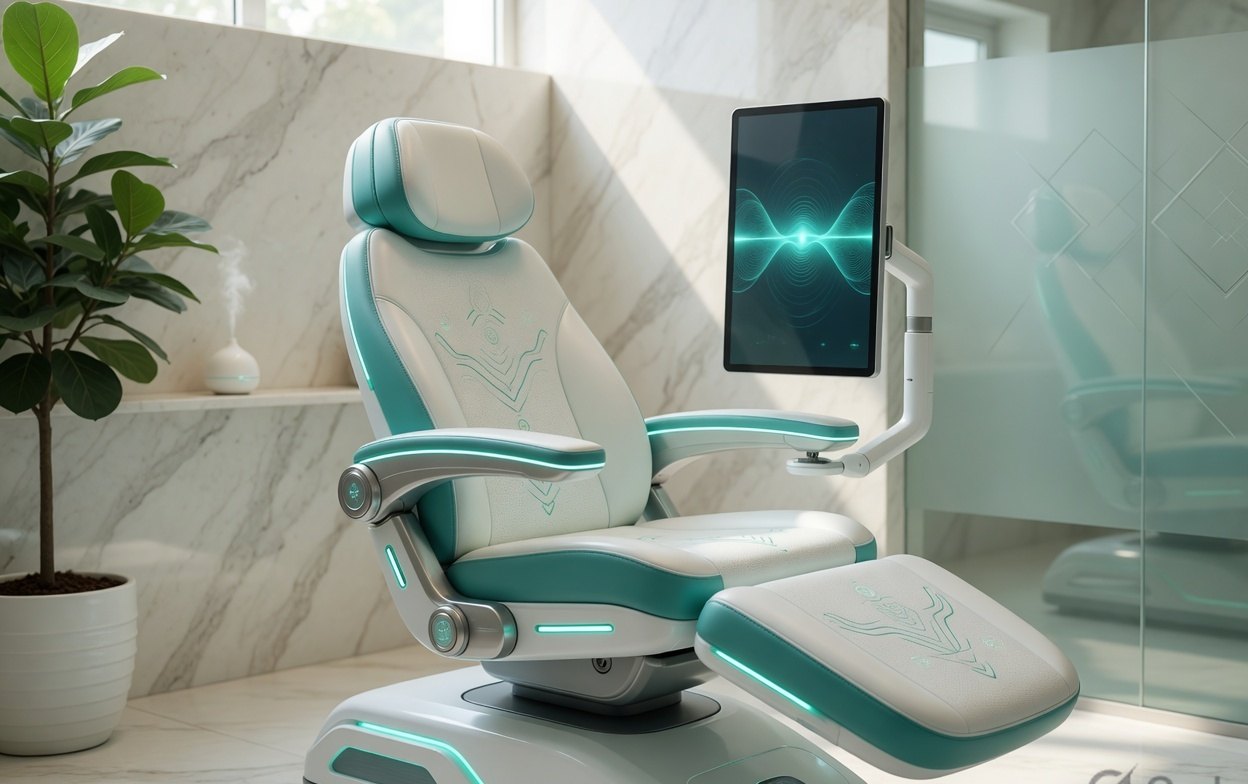 The AI Health Chair with sensor arms and a screening display inside a premium HealMe clinic room